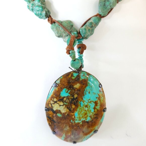 Rustic Turquoise Nugget Necklace With Large Oval Stone Pendant & Leather Cord - Picture 2 of 14